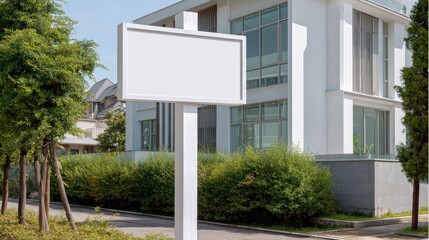 Blank Signboard in Front of a Modern Building Surrounded by Trees