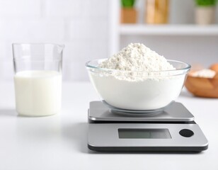 Digital kitchen scale weighing white flour in glass bowl on clean modern counter with milk glass and baking ingredients in bright kitchen setting.