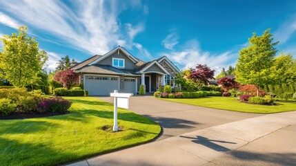 Obraz premium Modern suburban home with landscaped garden and clear blue sky