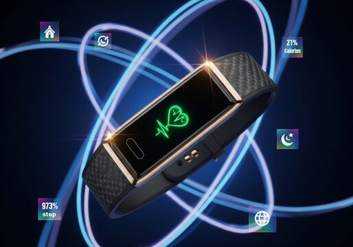 Futuristic smart fitness tracker with glowing heart rate monitor and digital icons, representing health and technology - Powered by Adobe