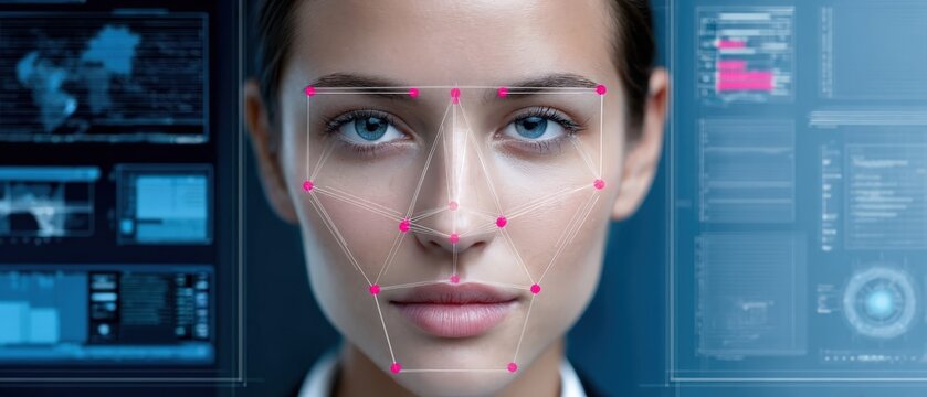 A futuristic digital portrait highlighting facial recognition technology, showcasing a woman's face with graphical overlays and data visuals. - Powered by Adobe