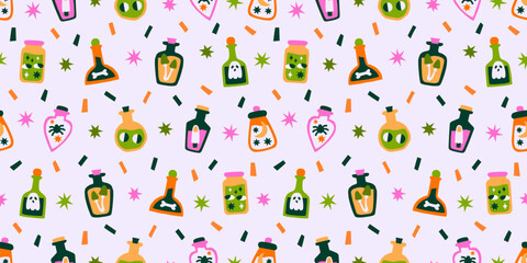 Cute Halloween vector seamless pattern. Fall wrapping paper design with magic potion bottles