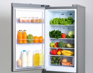Open refrigerator filled with fresh healthy foods including fruits, vegetables, dairy products, juices and eggs organized on multiple shelves.