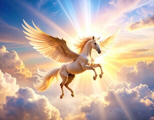 Majestic white Pegasus with golden wings soaring through heavenly clouds in brilliant sunlit sky with divine rays and ethereal atmosphere.