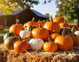 A vibrant arrangement of diverse pumpkins, gourds, and squash sits on a rustic haystack, evoking feelings of autumn, harvest, and seasonal celebration.
