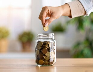 Hand dropping golden coin into glass jar filled with coins on wooden table, representing savings, investment, and financial planning goals.