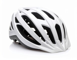 White bicycle helmet with aerodynamic design and ventilation holes isolated on clean background for cycling safety equipment