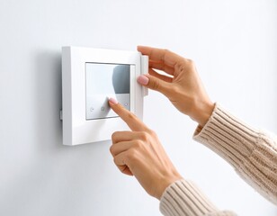 Hands adjusting modern white smart home thermostat control panel with digital display and touchscreen interface