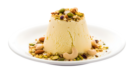 Delicate frozen dessert adorned with a medley of crunchy nuts and seeds.