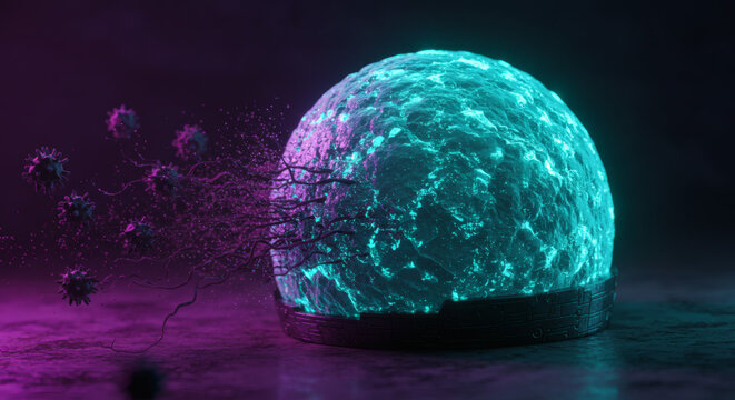 Vibrant blue energy dome creating a powerful barrier against swirling microbial invaders, illustrating protective technology or health defense