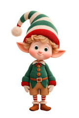 Adorable cartoon Christmas elf standing in festive outfit with red and green colors, isolated on transparent background for holiday cards, stickers, and seasonal design. Generative AI.