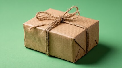 Brown Kraft Gift Box Tied with Twine on Green Background