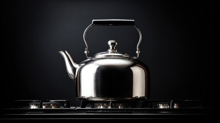 Elegant Silver Kettle on Gas Stove Against Dark Background