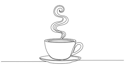 A simple line drawing of a steaming cup of coffee on a saucer, minimalist style.