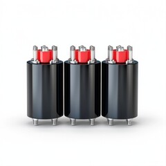 Three Black Hydraulic Cylinders with Red Caps on White Background