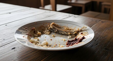 The concept of a finished meal, with a dirty plate holding a fish skeleton and leftover food on a wooden table