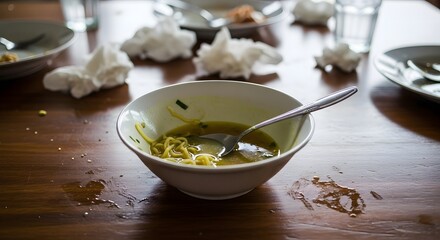Candid snapshot of a messy dining table after a meal, with a focus on a bowl of leftover noodle soup