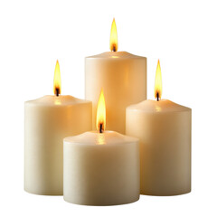 Four white candles with bright flames create a warm and calming ambiance in a peaceful environment