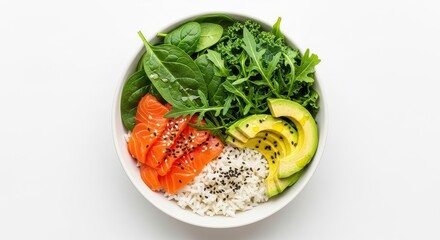 Healthy Salmon Avocado Rice Bowl with Fresh Greens and Sesame Seeds
