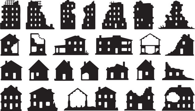 Destroyed House Vector Set Ruined Home Damaged Structure Disaster Aftermath Icons