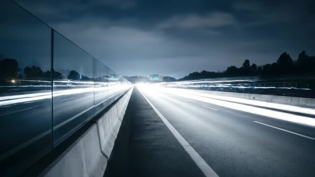 Night Highway Light Trails Curve with Glass Reflections