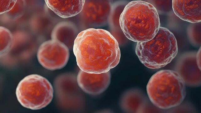 A close up of red cells with a white center. The cells are in the air. There are many of them