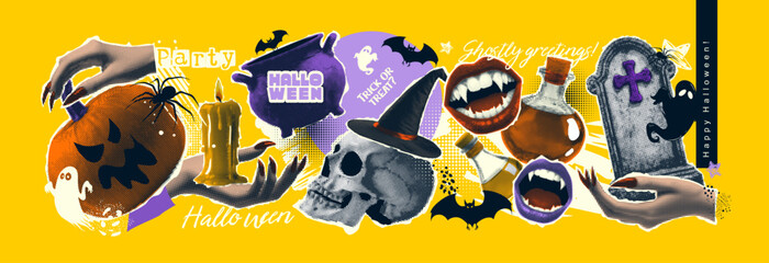 Vibrant and exciting Halloween party banner. Newspaper paper stickers in halftone tones vector illustrations.