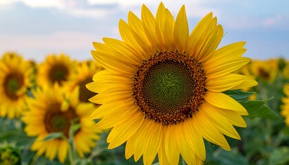 Fototapeta premium A vibrant sunflower blossoms in a field, showcasing its brilliant yellow petals and central disc in sharp focus against a softly blurred background of other sunflowers.