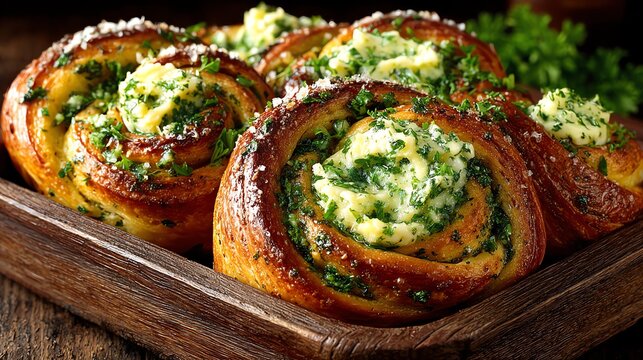 Delicious Garlic Bread Rolls with Herbs Served on Rustic Wooden Tray - Powered by Adobe