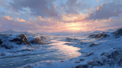 Fototapeta premium Icy River Winding Through Snowy Tundra at Sunset