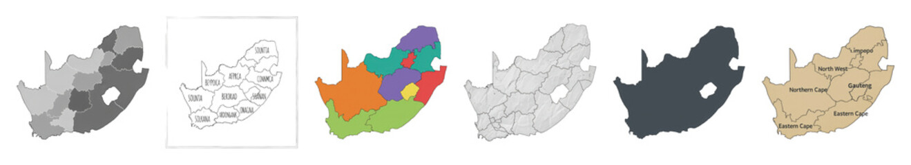 Obraz premium South Africa map set including grayscale, colorful, outline, and labeled provinces isolated. Geographic and educational infographic collection.