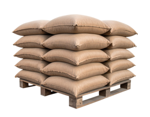 A stack of burlap sacks neatly arranged on a wooden pallet, showcasing a uniform and organized display.