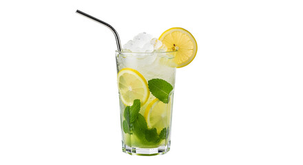 Refreshing iced drink with lemon, mint, and a metal straw, perfect for a hot summer day.