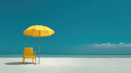 Fototapeta premium Minimalist Beach Scene with Yellow Umbrella and Chair