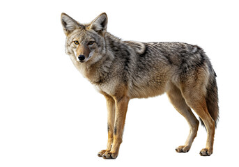 Fototapeta premium A watchful coyote stands gracefully against a stark white backdrop, capturing its wild essence and keen alertness in a captivating portrait of nature's beauty.