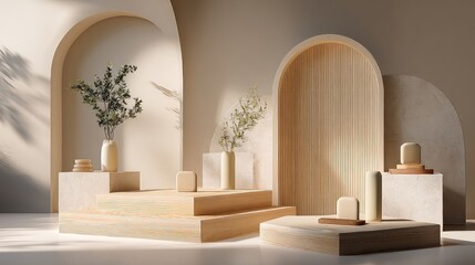 Minimalist Beige Product Display with Wooden Platforms and Arch