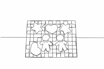 Continuous line drawing illustration of assorted gingerbread cookies including stars, hearts, and human shapes on a tray, created for National Gingerbread Cookie Day as a festive design concept.