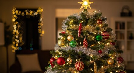 Beautifully Decorated Christmas Tree with Lights and Ornaments in Cozy Living Room