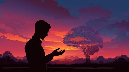 A silhouette of a person holds their hands out against a vibrant sunset, with a tree shaped like a brain in the background, symbolizing creativity and thought.