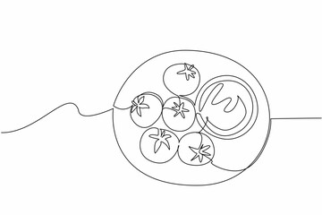 Continuous line drawing of a spoon in tomato sauce surrounded by fresh tomatoes, reflecting culinary and nutrition with food concept for World Tomato Day celebration.