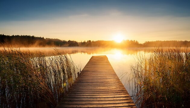 Golden Sunrise Illuminates Wooden Dock Extending Into Misty Lake With Perfect Sun Reflection And Reeds