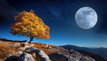 Golden Leaf Tree On Rocky Hill Under Night Sky With Bright Moon And Stars