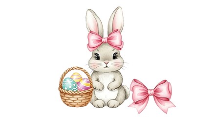 Cute Easter Bunny with Basket and Pink Bows, Watercolor Illustration.