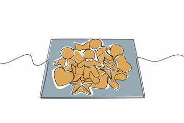 A festive single line drawing of assorted gingerbread cookies shaped as hearts, stars, and people on a plate, created for National Gingerbread Day with a food concept illustration design.