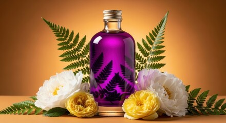 A decorative bottle filled with vibrant purple liquid, surrounded by ferns and delicate white and yellow roses, warm lighting