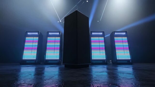 A massive monolithic subwoofer stands center sacred temple sides, equalizer walls rise fall in symmetry a neon audio cathedral, Smoky laser beams pierce air, scattering prismatic rays bass drops