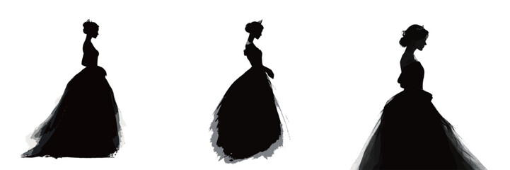 Three distinct silhouettes of women wearing elegant gowns exhibit graceful poses. The contrasting black figures highlight the beauty and sophistication of formal wear.
