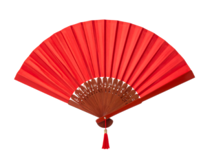 Elegant red hand fan with intricate wooden details, perfect for events, fashion, and cultural designs