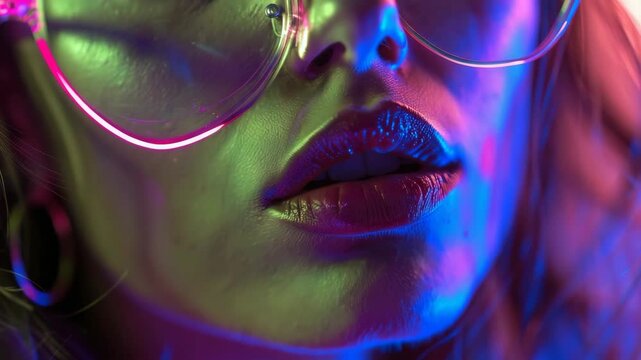 Sultry woman in pink sunglasses with glossy lips and glowing eyes, embracing the vibrant nightclub scene.