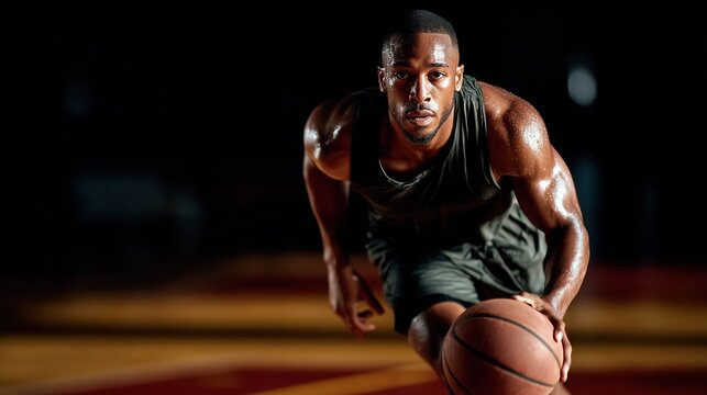 Focused basketball player dribbling on an indoor court with dramatic lighting and bokeh, ideal for sports posters, ads, fitness campaigns, and dynamic branding. Generative AI.